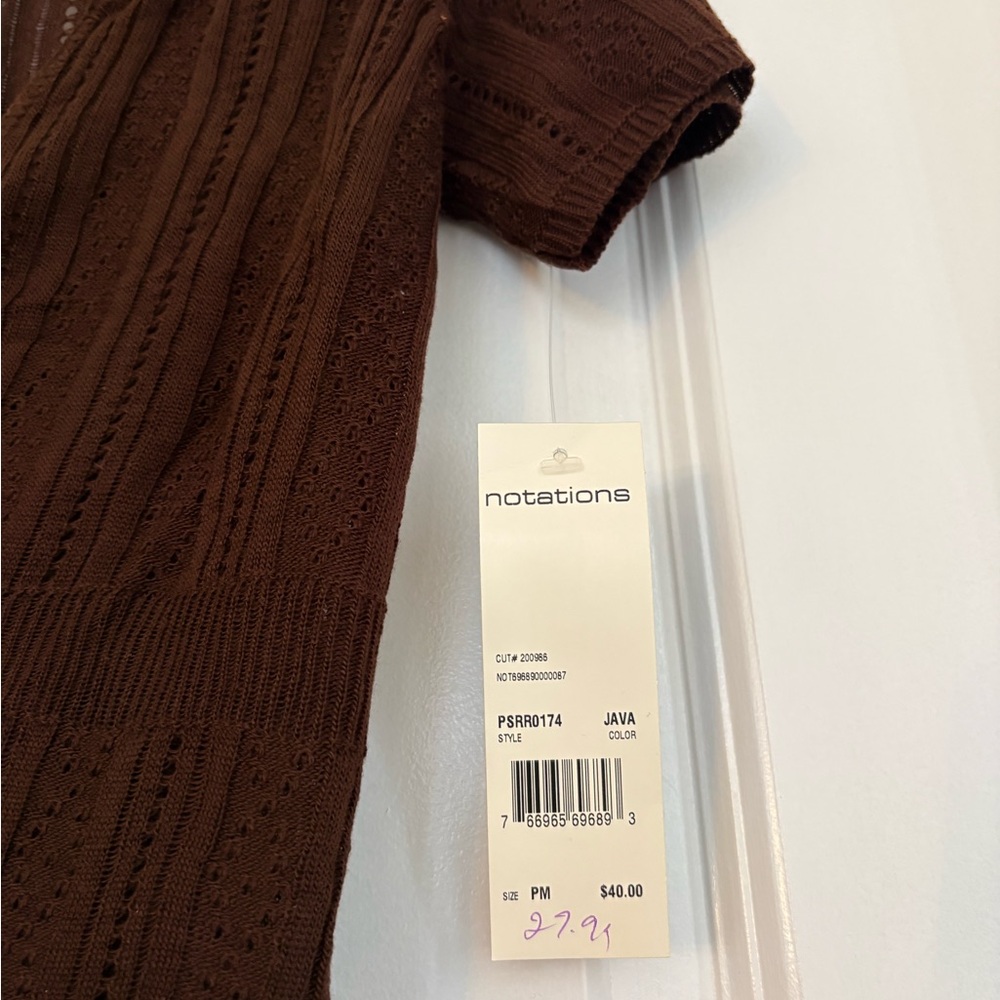 NEW Notations Women PM  Brown Open-Knit Tie Front Cardigan Sweater Short Sleeve - Picture 5 of 7